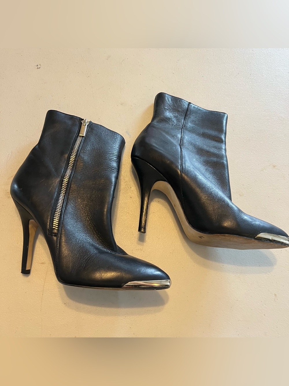 Red Saks Fifth Avenue Black Leather Ankle Booties with Silver Toe Cap